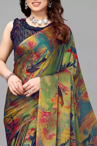 Green  Printed Forest Chiffon Saree With Blouse Piece