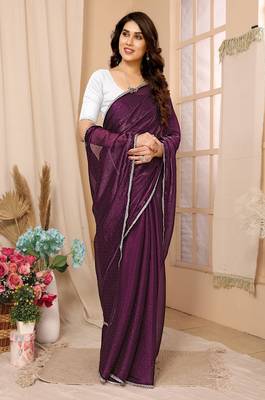 Wine Embellished Chiffon Saree With Blouse Piece 1