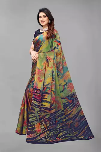 Green  Printed Forest Chiffon Saree With Blouse Piece