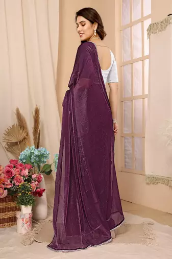 Wine Embellished Chiffon Saree With Blouse Piece