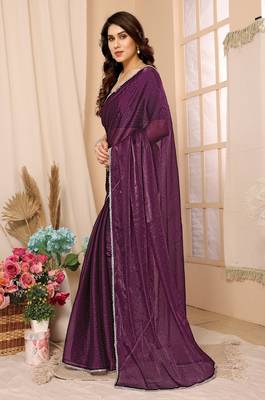 Wine Embellished Chiffon Saree With Blouse Piece 4