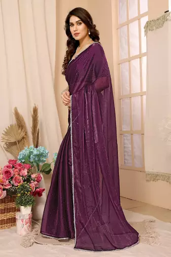 Wine Embellished Chiffon Saree With Blouse Piece