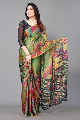 Black  Printed Forest Chiffon Saree With Blouse Piece 1
