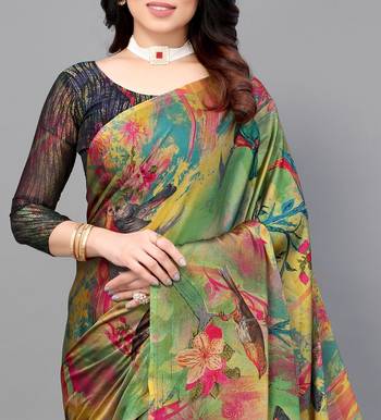 Black  Printed Forest Chiffon Saree With Blouse Piece 3