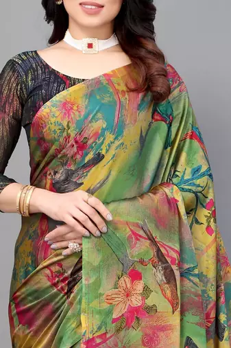 Black  Printed Forest Chiffon Saree With Blouse Piece