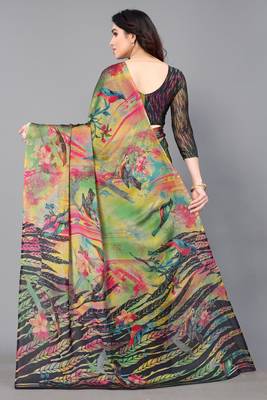 Black  Printed Forest Chiffon Saree With Blouse Piece 4