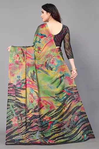 Black  Printed Forest Chiffon Saree With Blouse Piece