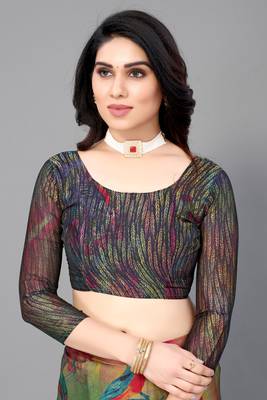 Black  Printed Forest Chiffon Saree With Blouse Piece 5