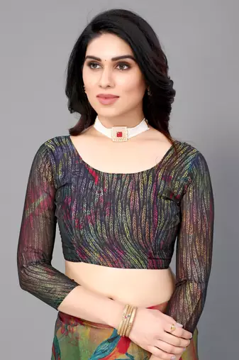 Black  Printed Forest Chiffon Saree With Blouse Piece