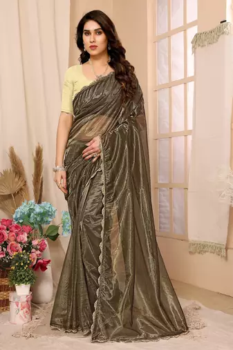 Mehendi Embellished Net Saree With Blouse Piece