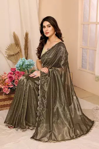 Mehendi Embellished Net Saree With Blouse Piece