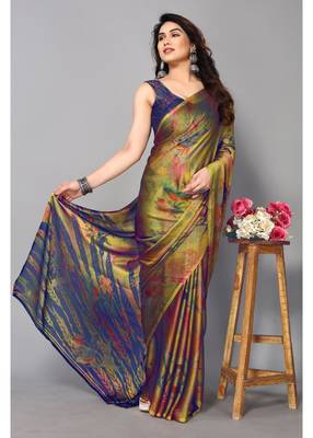 Royal Blue  Printed Forest Chiffon Saree With Blouse Piece 1