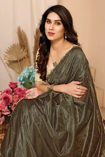Mehendi Embellished Net Saree With Blouse Piece