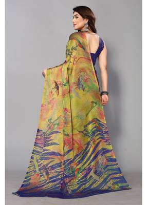 Royal Blue  Printed Forest Chiffon Saree With Blouse Piece 2