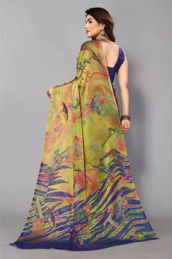 Royal Blue  Printed Forest Chiffon Saree With Blouse Piece