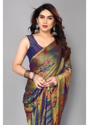 Royal Blue  Printed Forest Chiffon Saree With Blouse Piece 4