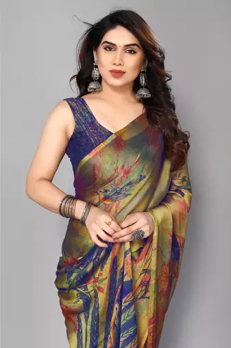 Royal Blue  Printed Forest Chiffon Saree With Blouse Piece