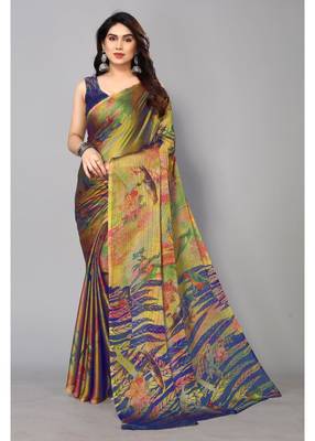 Royal Blue  Printed Forest Chiffon Saree With Blouse Piece 5