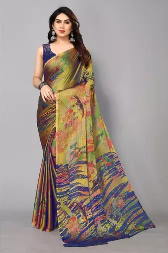 Royal Blue  Printed Forest Chiffon Saree With Blouse Piece