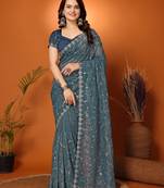 Teal Embellished Tissue Saree With Blouse Piece