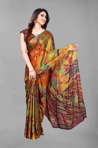 Mustard  Printed Forest Chiffon Saree With Blouse Piece