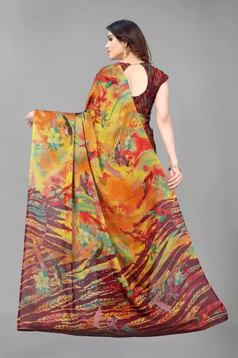 Mustard  Printed Forest Chiffon Saree With Blouse Piece