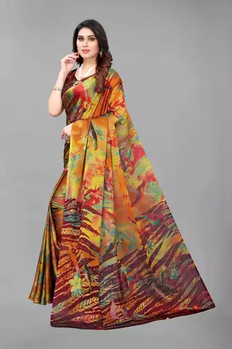 Mustard  Printed Forest Chiffon Saree With Blouse Piece