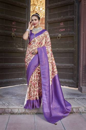 Purple Multicolour Printed Silk Blend Saree With Blouse Piece