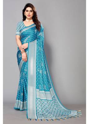 Sky Blue  Printed Moss Chiffon Saree With Blouse Piece 1