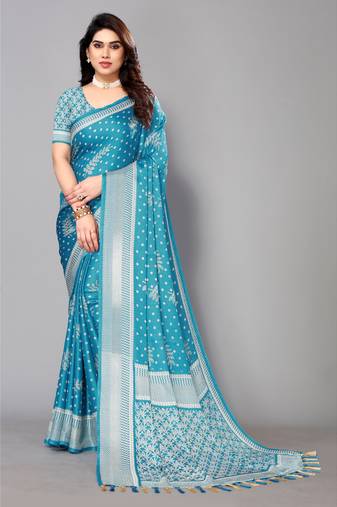Sky Blue  Printed Moss Chiffon Saree With Blouse Piece