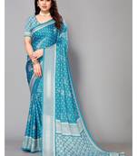 Sky Blue  Printed Moss Chiffon Saree With Blouse Piece