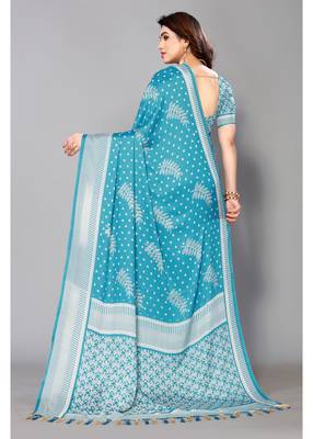 Sky Blue  Printed Moss Chiffon Saree With Blouse Piece 2