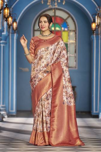 Mauve::Multicolour Printed Silk Blend Saree With Blouse Piece