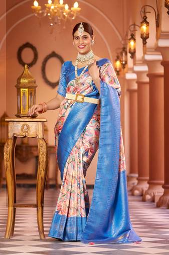 Turquoise Blue::Multicolour Printed Silk Blend Saree With Blouse Piece