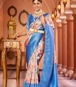 Turquoise Blue::Multicolour Printed Silk Blend Saree With Blouse Piece