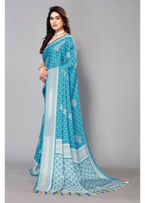 Sky Blue  Printed Moss Chiffon Saree With Blouse Piece 3