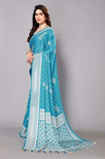 Sky Blue  Printed Moss Chiffon Saree With Blouse Piece