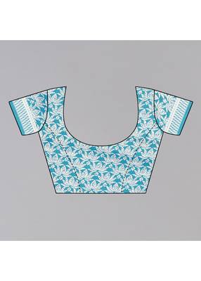 Sky Blue  Printed Moss Chiffon Saree With Blouse Piece 4