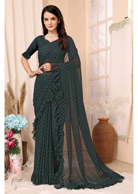 Bottle Green Embellished Georgette Saree With Blouse Piece 1