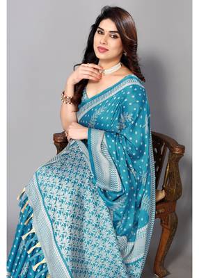 Sky Blue  Printed Moss Chiffon Saree With Blouse Piece 5