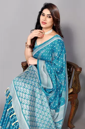 Sky Blue  Printed Moss Chiffon Saree With Blouse Piece