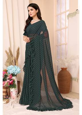 Bottle Green Embellished Georgette Saree With Blouse Piece 2