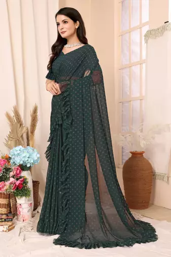 Bottle Green Embellished Georgette Saree With Blouse Piece