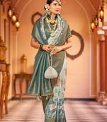 Teal::Multicolour Printed Silk Blend Saree With Blouse Piece