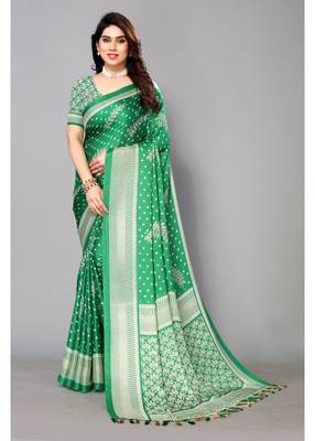 Green Printed Moss Chiffon Saree With Blouse Piece 1