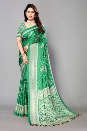 Green Printed Moss Chiffon Saree With Blouse Piece
