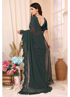 Bottle Green Embellished Georgette Saree With Blouse Piece 3