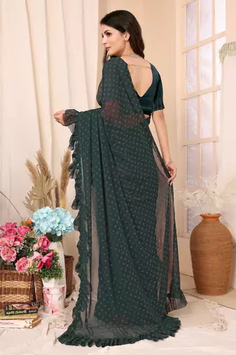 Bottle Green Embellished Georgette Saree With Blouse Piece