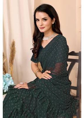 Bottle Green Embellished Georgette Saree With Blouse Piece 4