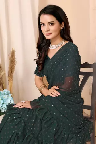 Bottle Green Embellished Georgette Saree With Blouse Piece